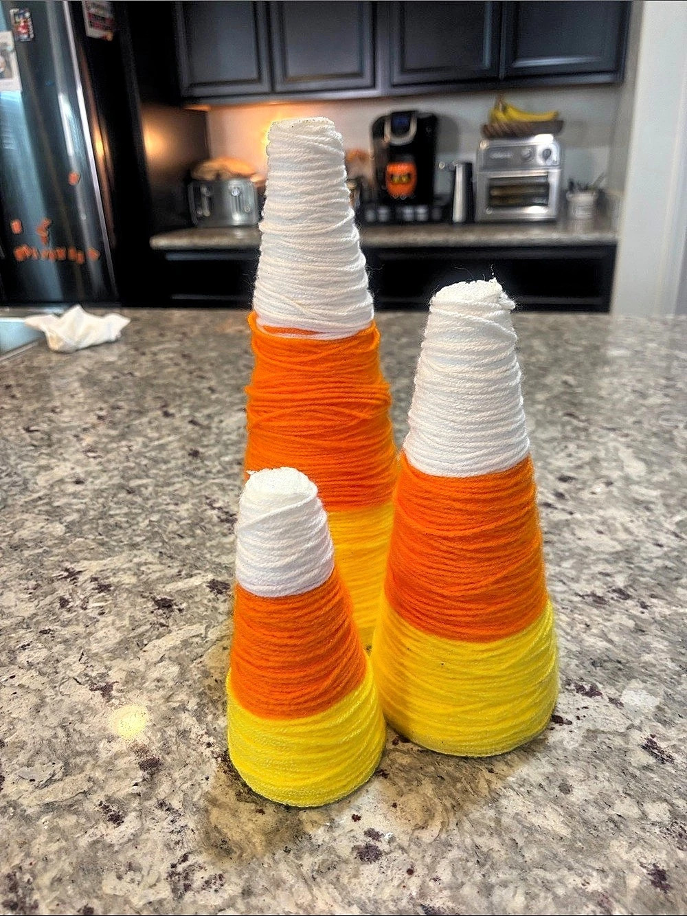 Homemade candy corn decor made on styrofoam cones and yarns …set of 3
HALLOWEEN